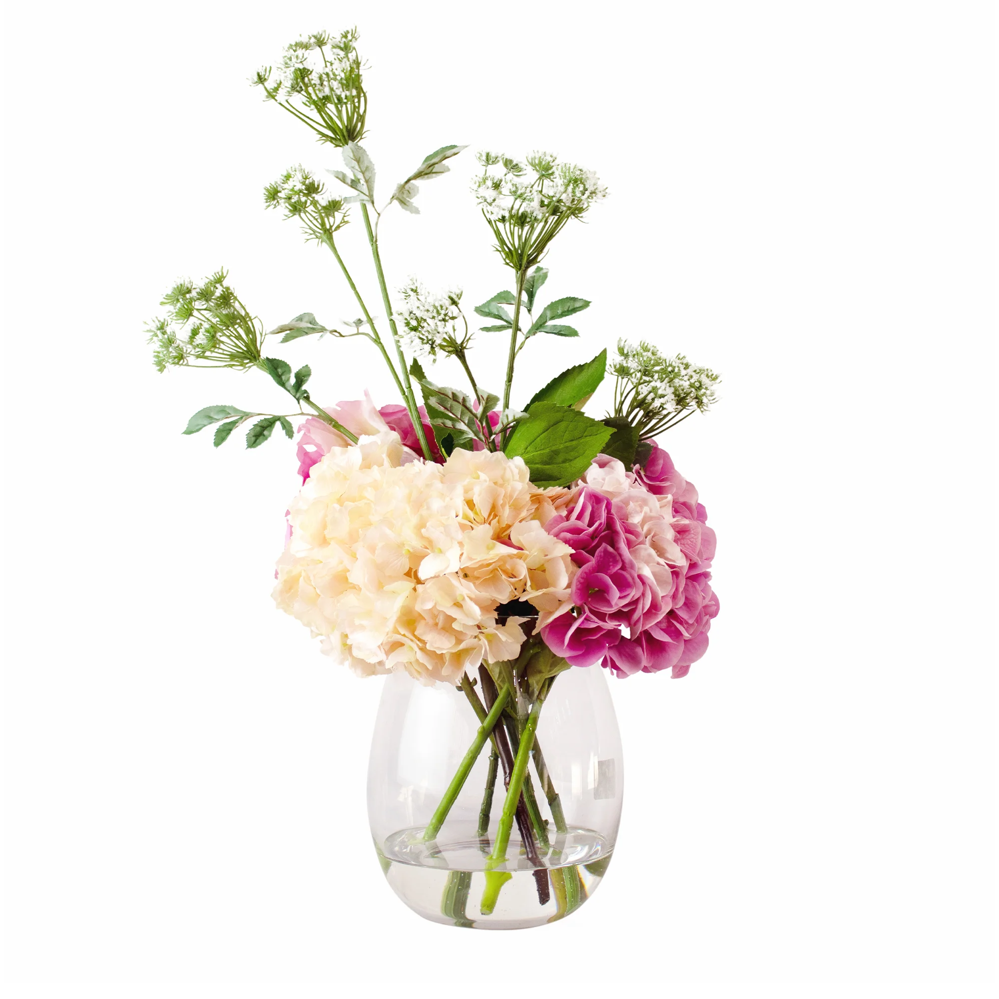 Large Pink Hydrangea & Queen Anne's Lace Arrangement in Curved Glass Vase – 65cm