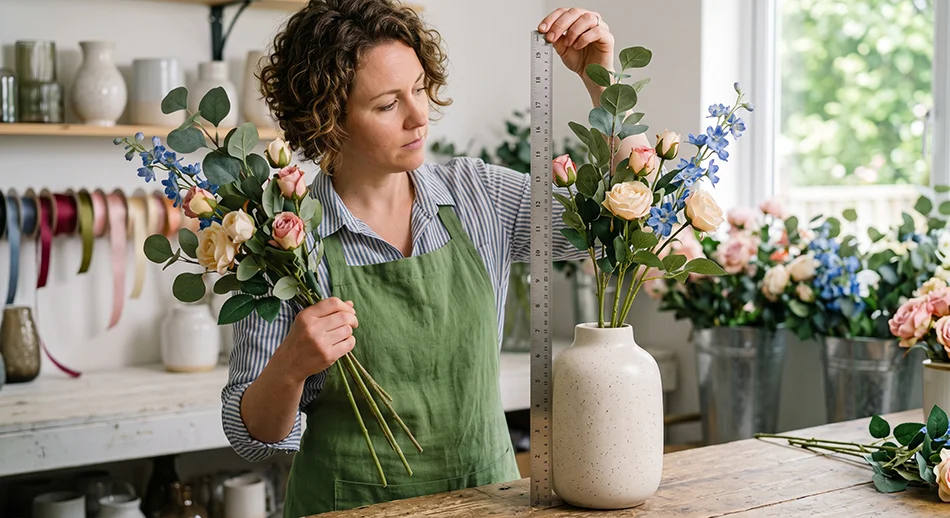 A stylist measuring artificial floral stems against a ceramic vase using the 1.5 times proportion rule.