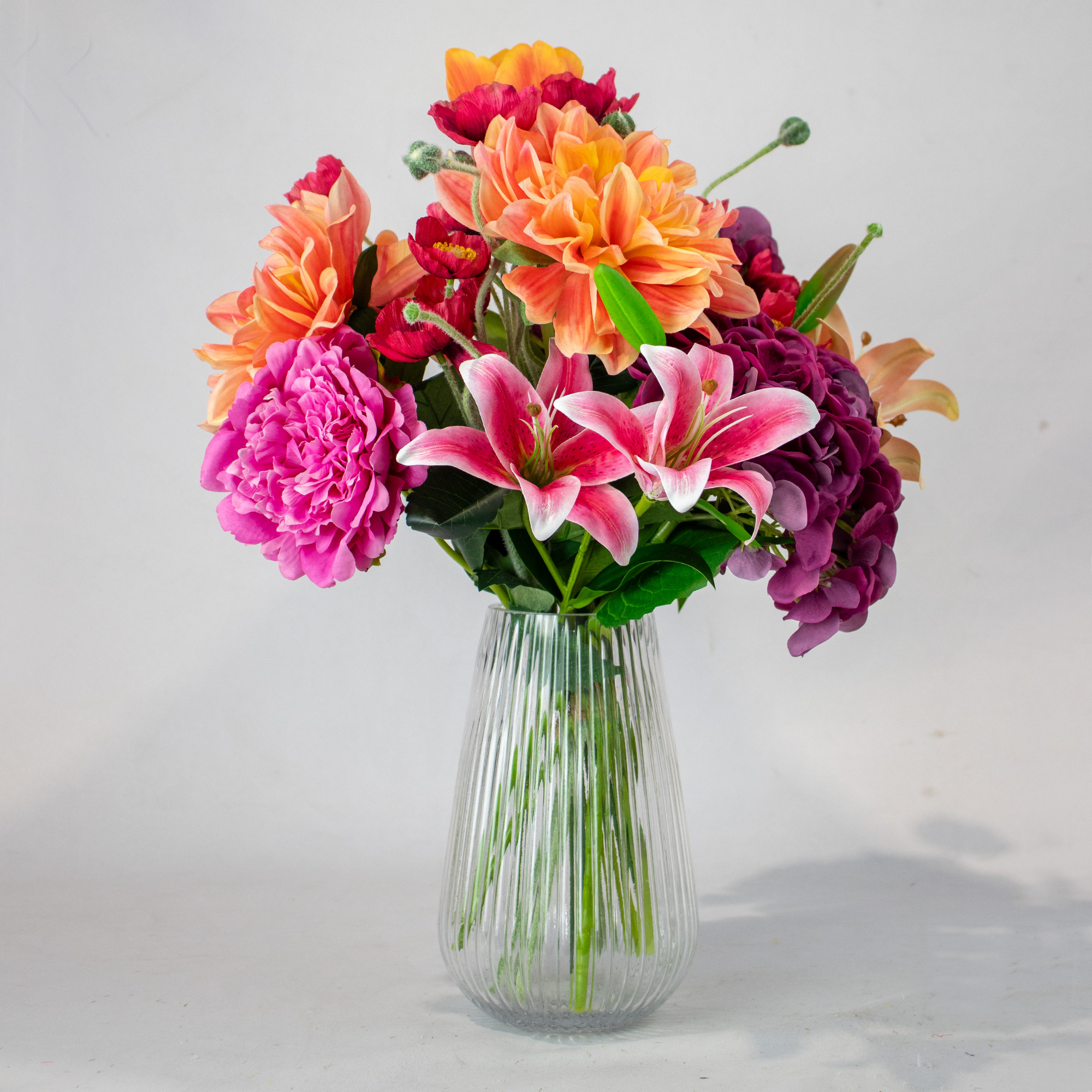 Pink and Orange Medium Silk By Design Mixed Floral Tied Bunch in Raffia Tie – 9 Stems