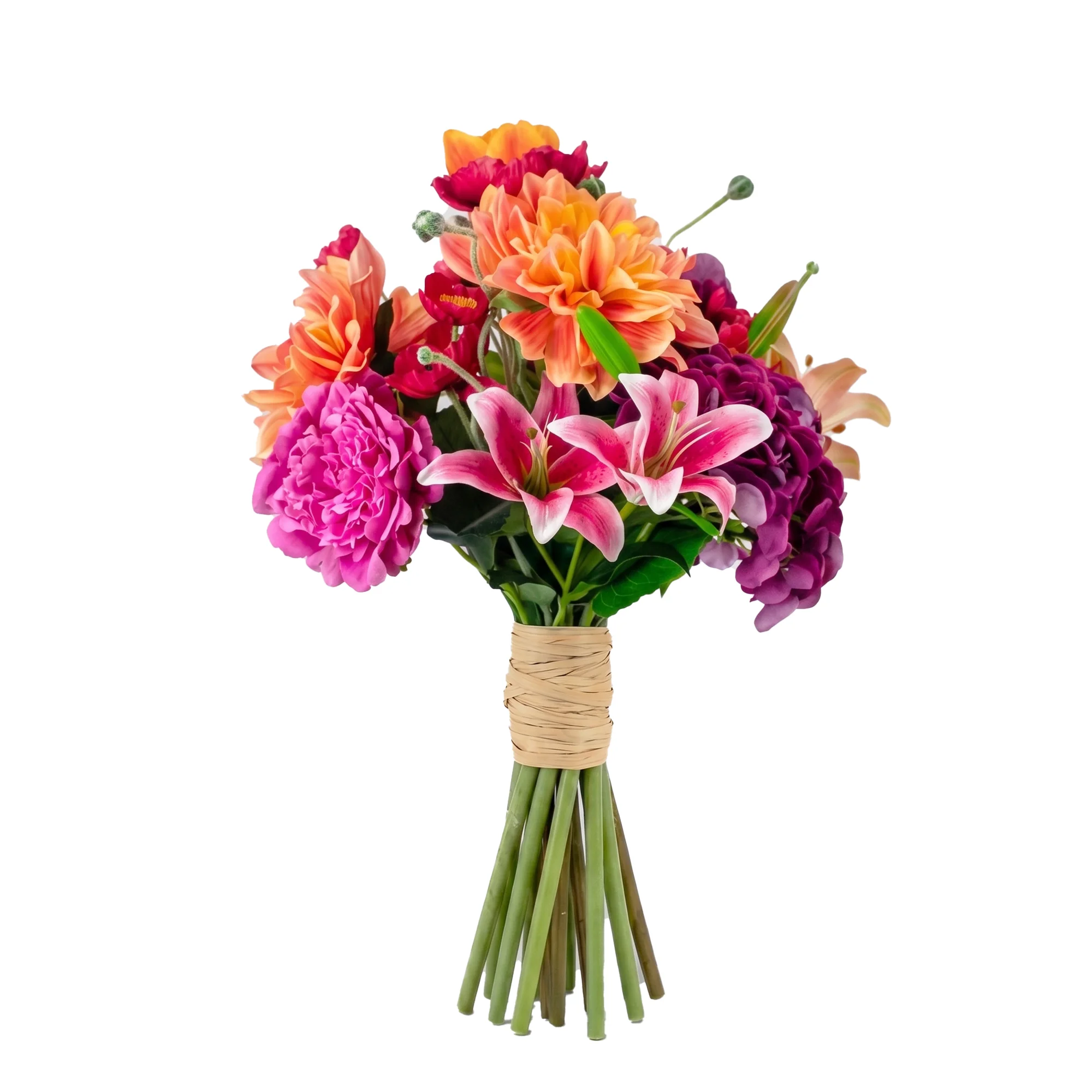 Pink and Orange Medium Silk By Design Mixed Floral Tied Bunch in Raffia Tie – 9 Stems