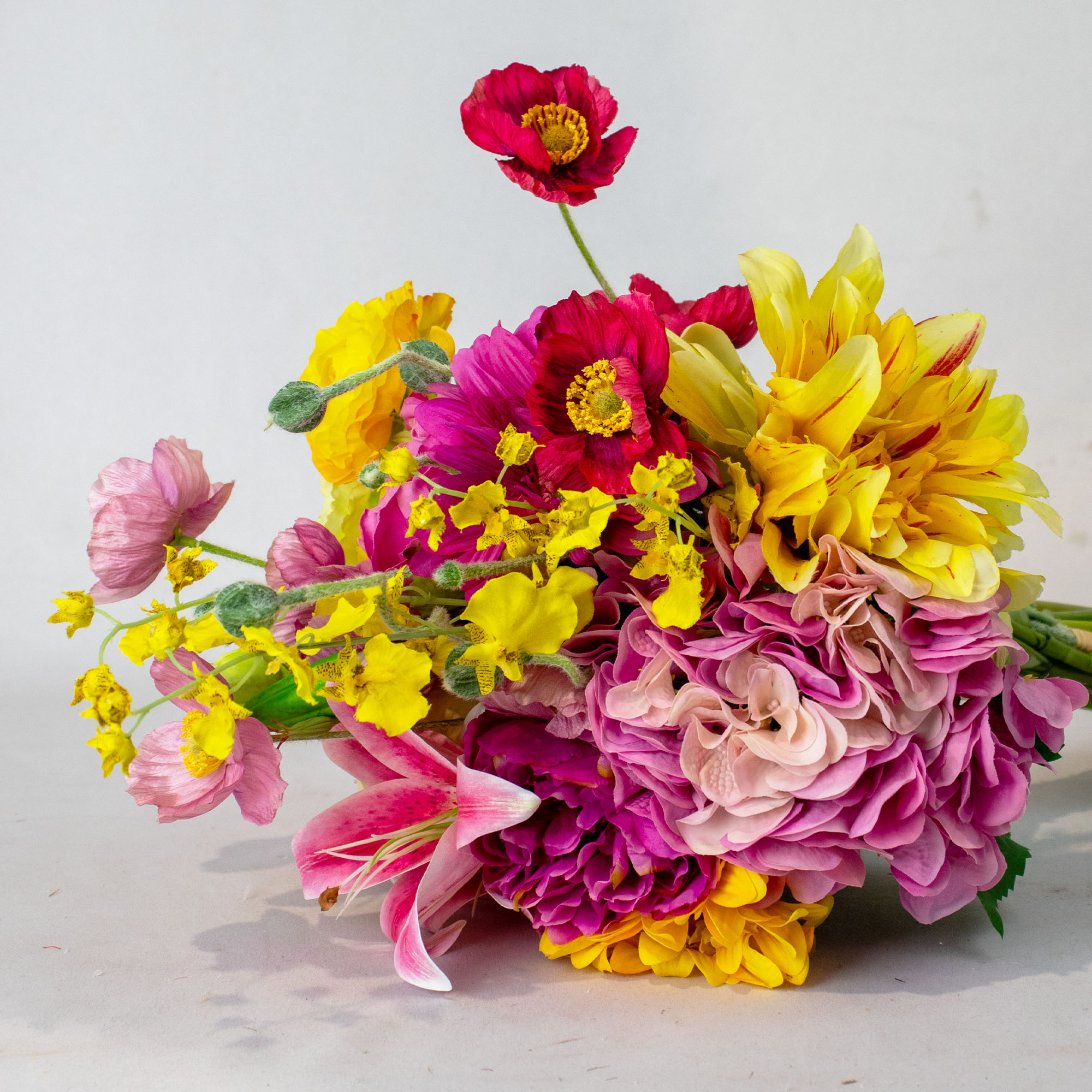 Pink and Yellow Medium Silk By Design Mixed Floral Tied Bunch in Raffia Tie – 15 Stems