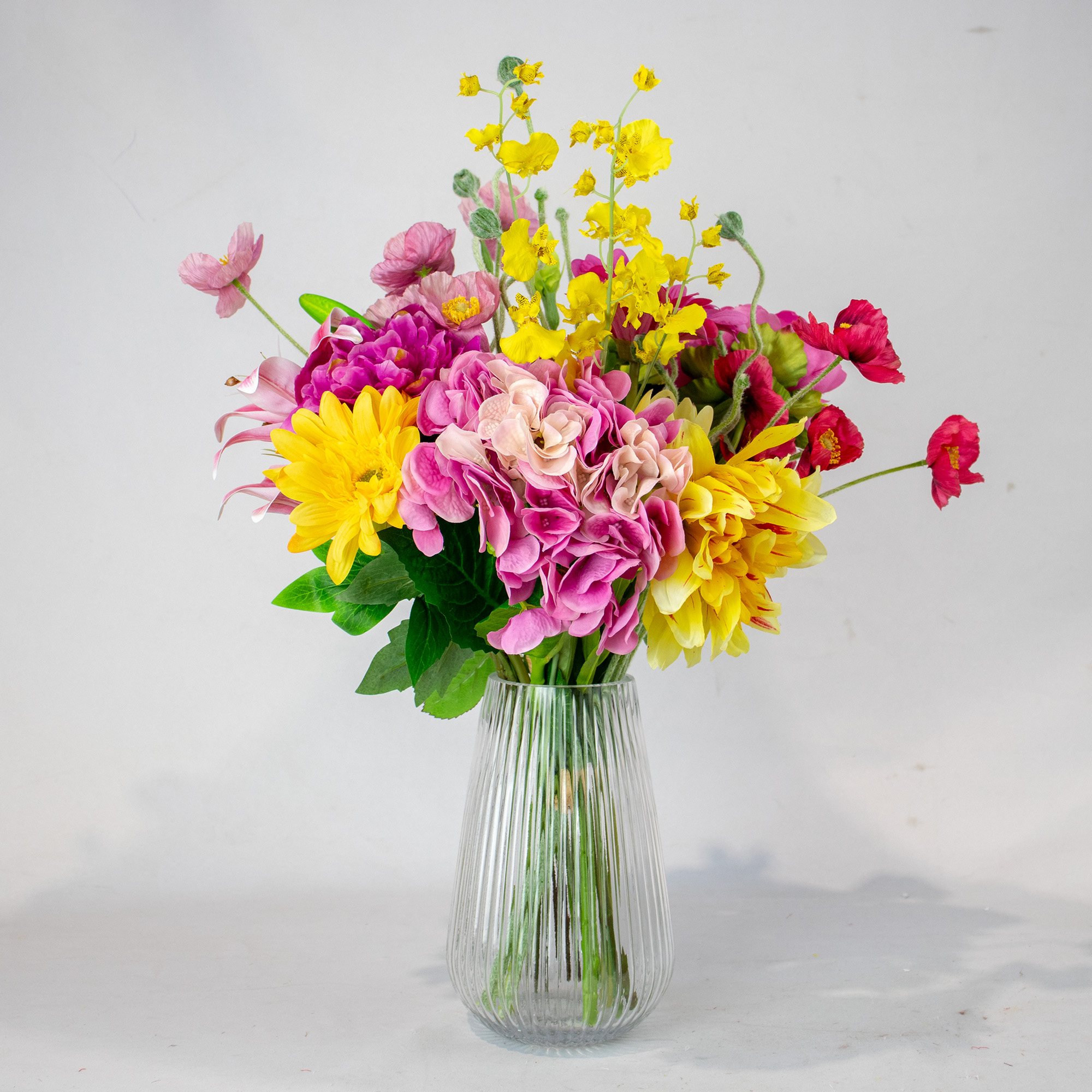 Pink and Yellow Medium Silk By Design Mixed Floral Tied Bunch in Raffia Tie – 15 Stems