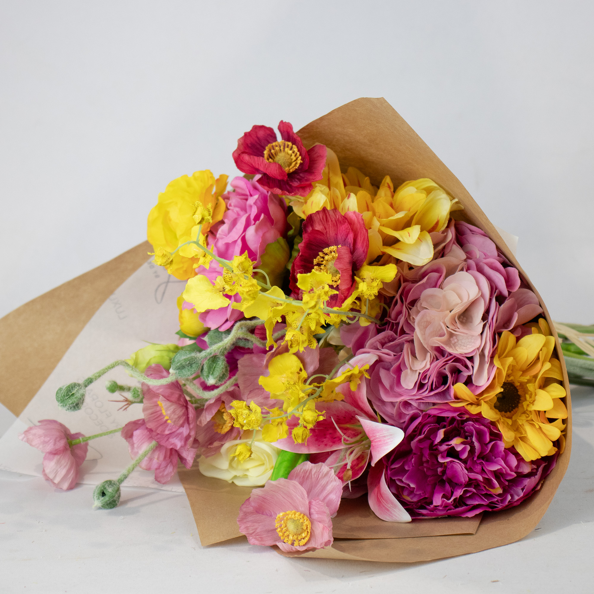 Pink and Yellow Medium Silk By Design Mixed Floral Tied Bunch in Raffia Tie – 15 Stems