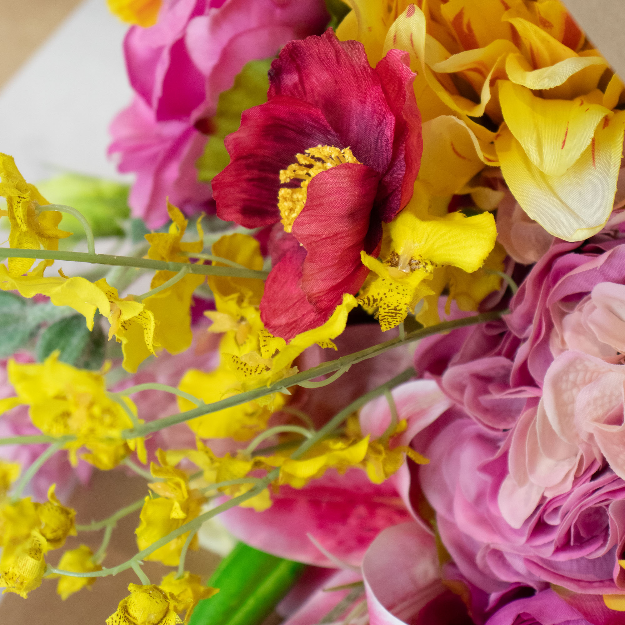 Pink and Yellow Medium Silk By Design Mixed Floral Tied Bunch in Raffia Tie – 15 Stems