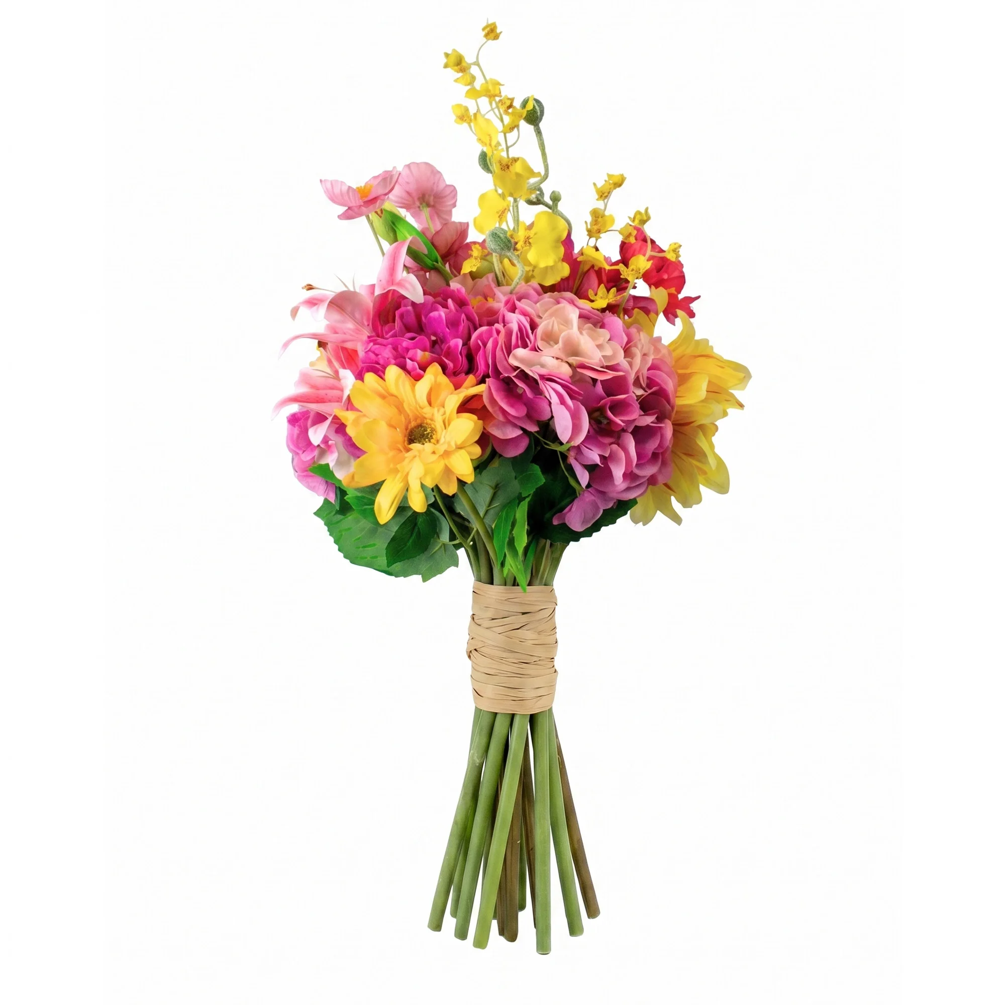 Pink and Yellow Medium Silk By Design Mixed Floral Tied Bunch in Raffia Tie – 15 Stems
