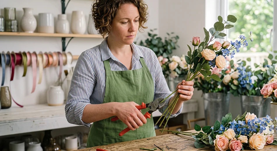 A stylist trimming or cutting flower stems with a side wire cutter