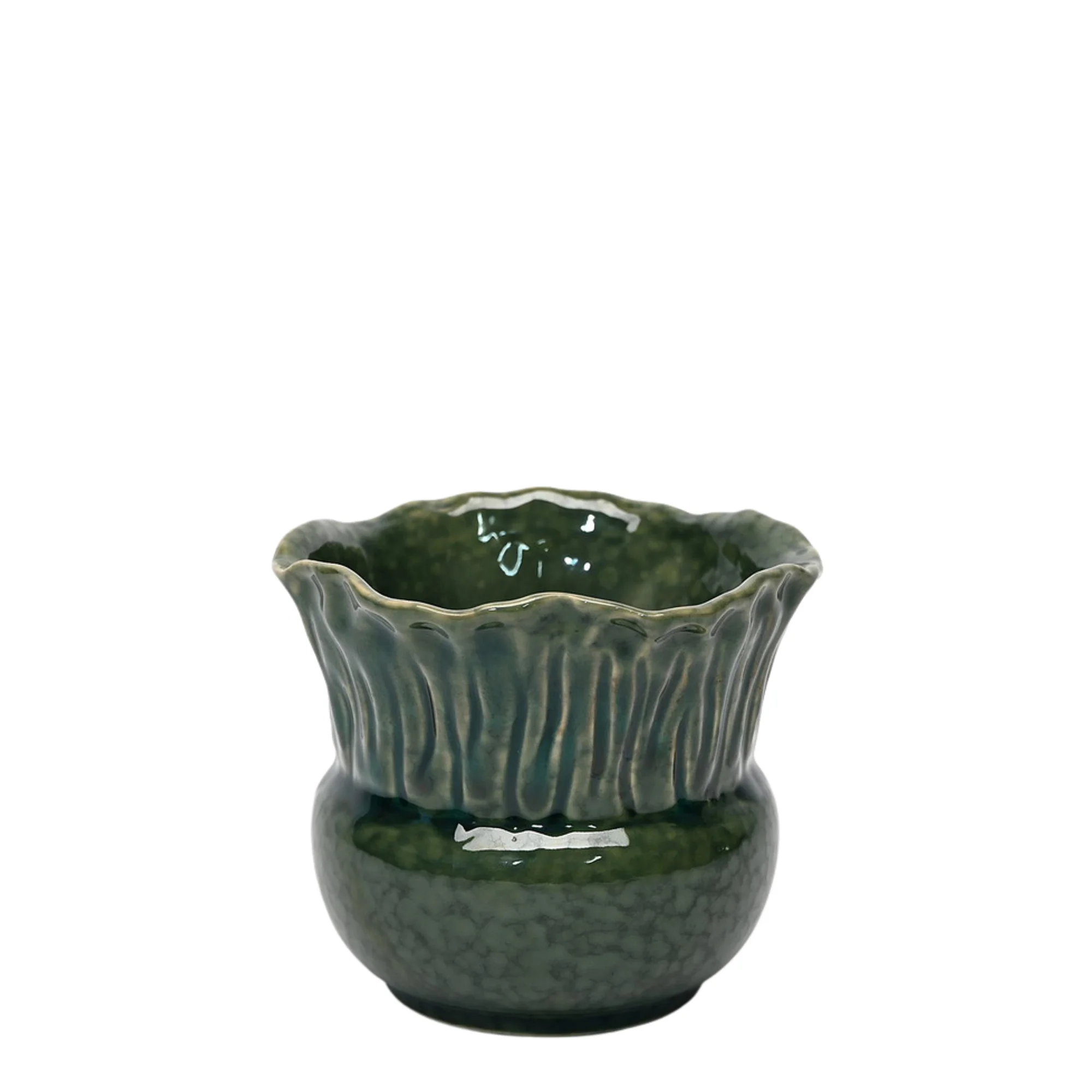 Extra-Small Scalloped Green Ceramic Bulbous Pot 11.4x10.2cm