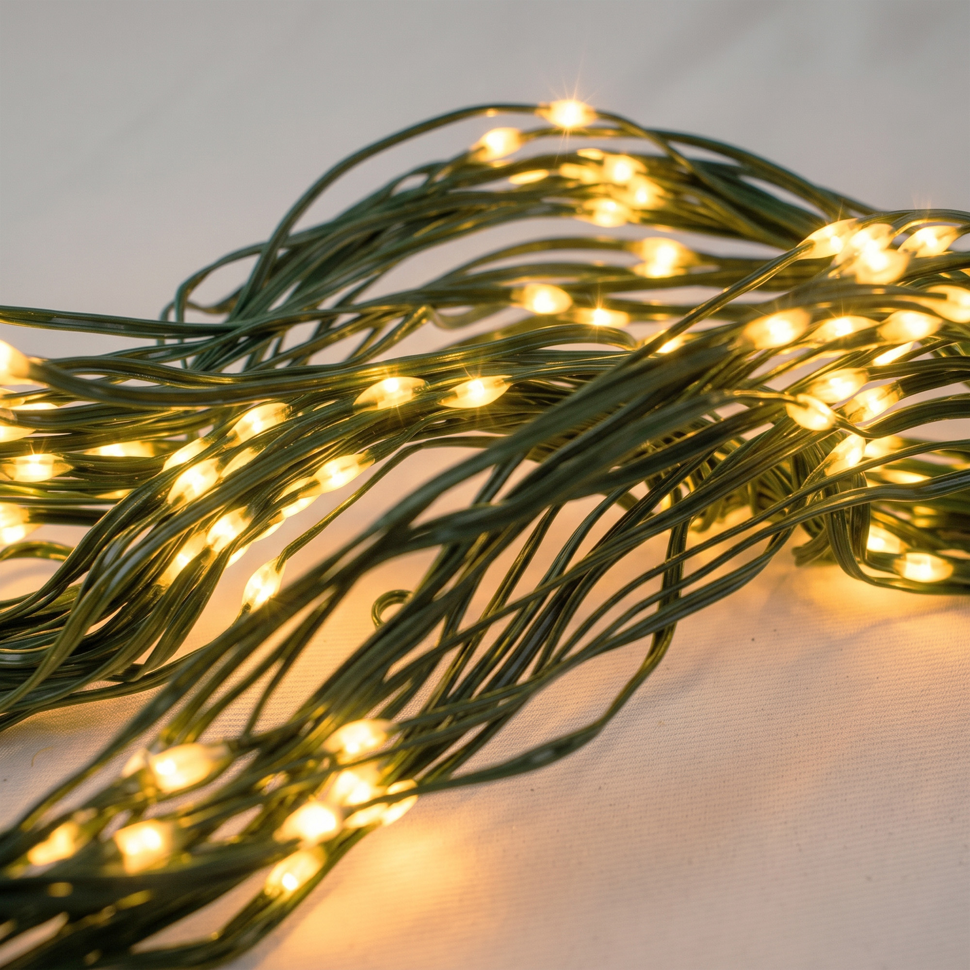 600 warm white LED Christmas tree curtain lights on a green cord with a remote control and power adapter.